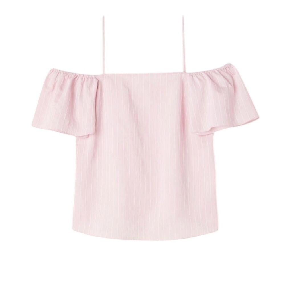 H&M Off-Shoulder Blouse Flutter Sleeve Spaghetti Strap Stripe White Pink W 2 NWT
